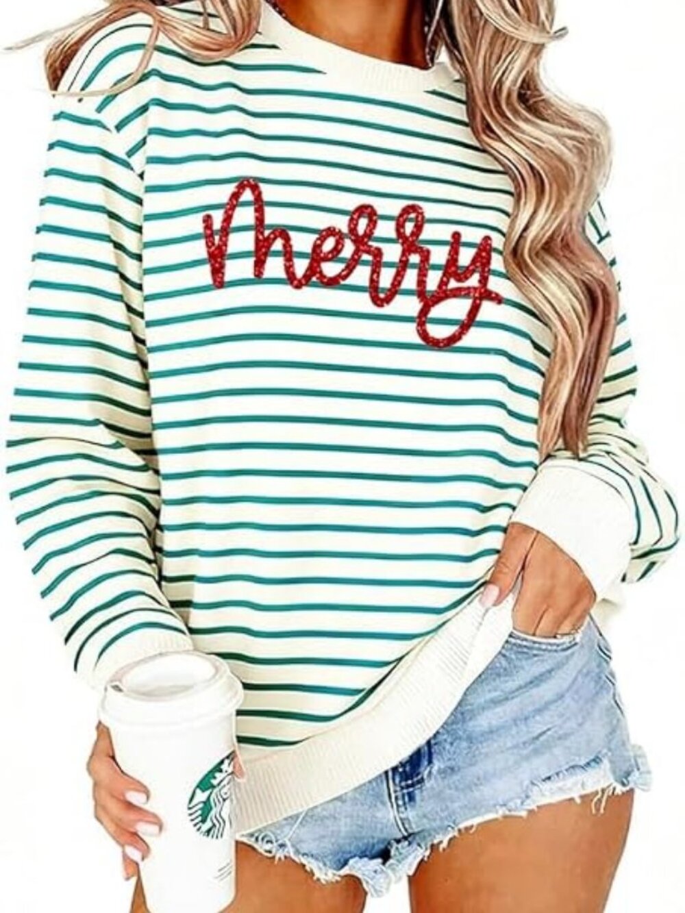 Christmas Sweatshirts For Women Merry Sequin Glitter Patch Striped Pullover